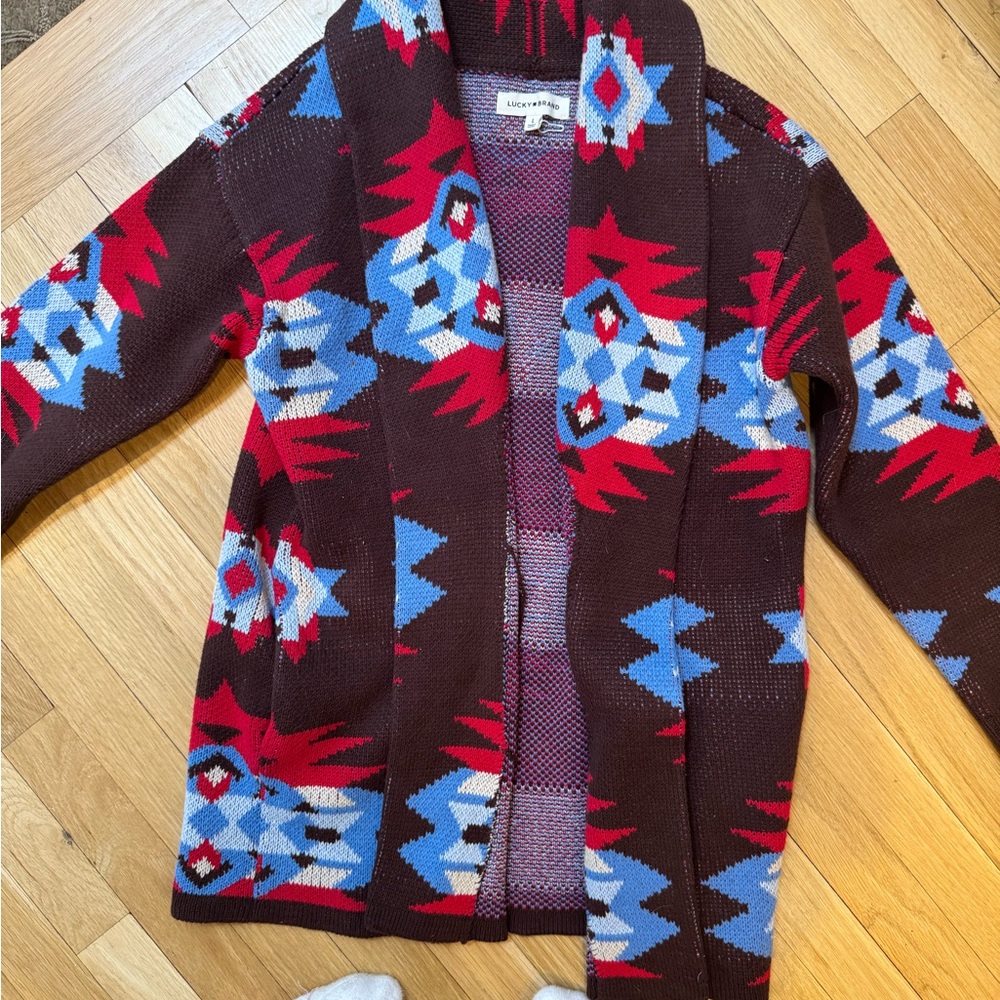 Lucky Brand Brown Cardigan with Red and Blue Patterns